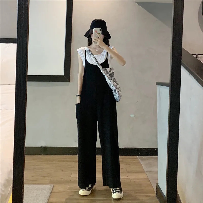 Suit women's summer 2021 new Korean loose and thin one-piece sling wide leg strap pants versatile vest two-piece set