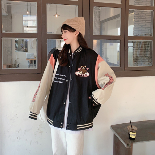 Double-layered bear towel embroidered jacket women's stand-up collar baseball uniform loose casual ins jacket