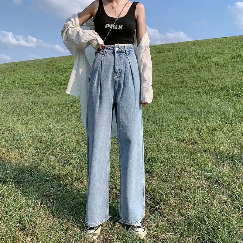 Ins Korean version autumn and winter new lace edge student high waist straight jeans women's loose wide leg mops