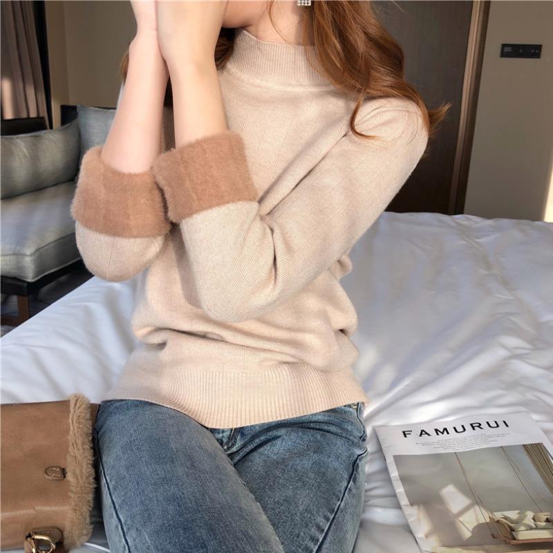 Plush thickened bottoming shirt female autumn and winter mink sweater one piece Plush semi high neck sweater with warm top inside