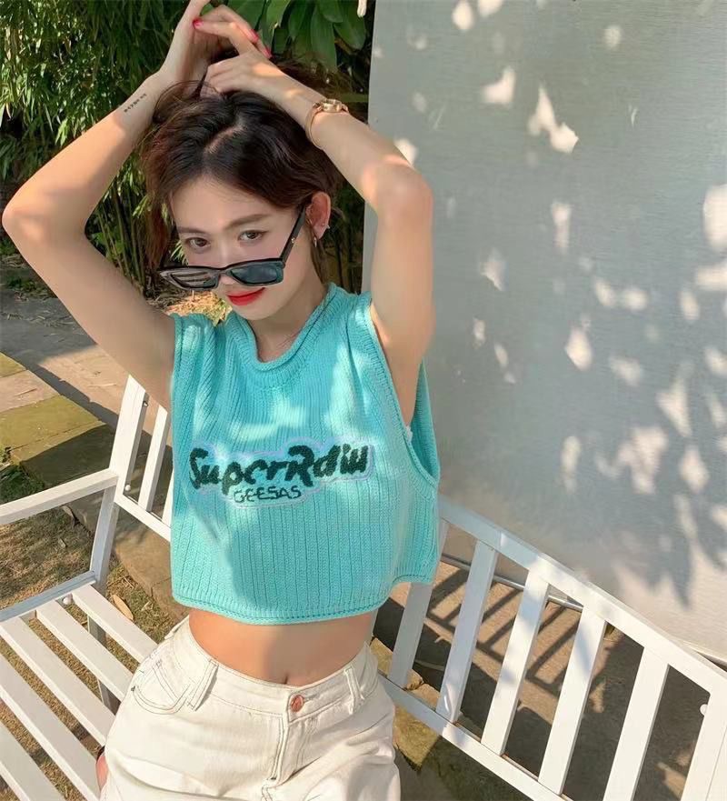 American retro loose tank top women's short open navel suspender summer hot girls sleeveless Knitted Top ins
