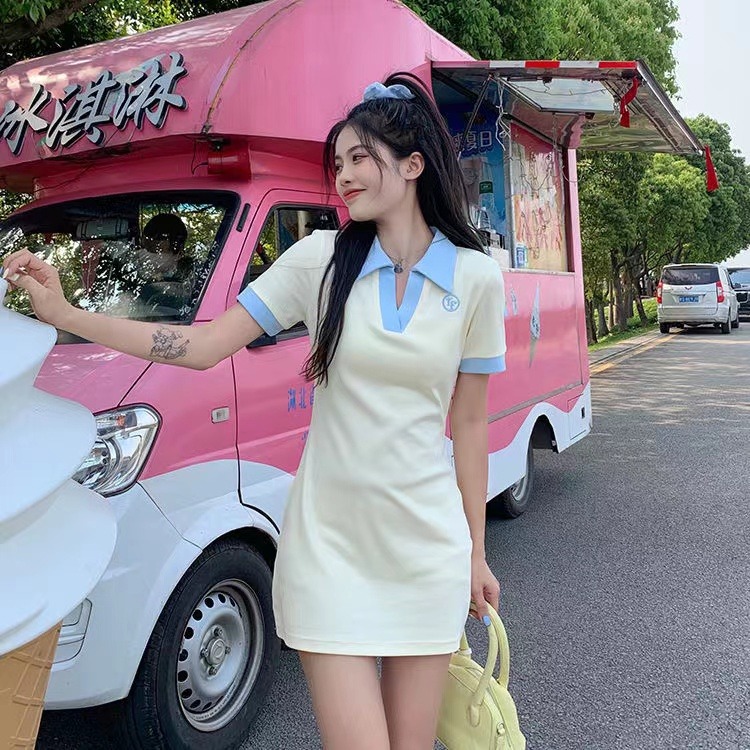 Age reducing sweet milk fufu waist closing thin color matching polo dress women 2022 summer new Hip Wrap short skirt women