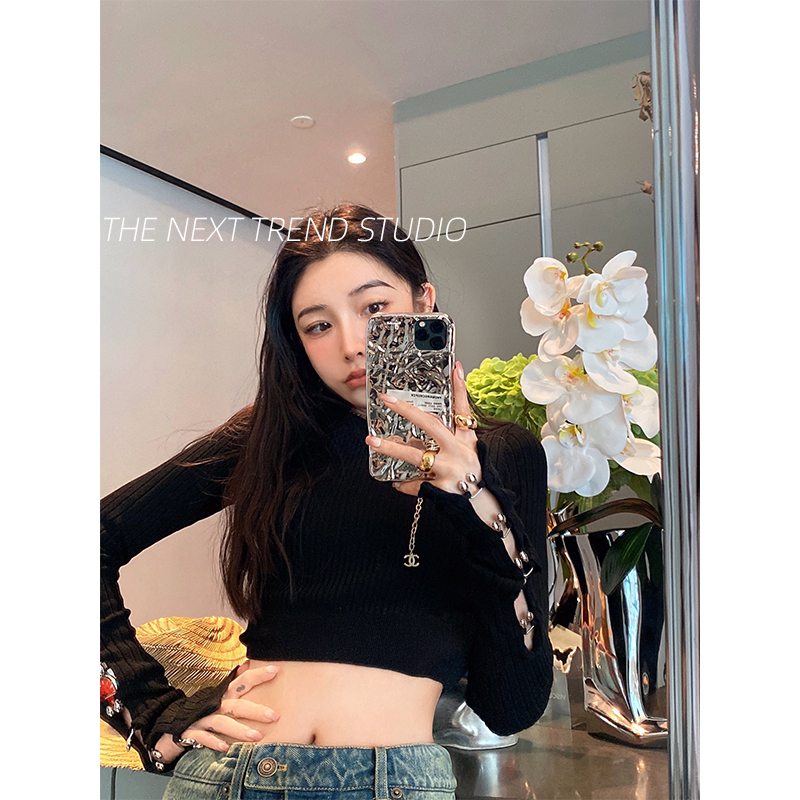 mskin6 buyer shop fashionable niche design long-sleeved top hollow careful machine knitted sweater