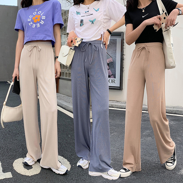 Real shot ice silk wide leg pants women's high waist summer 8 color thin vertical casual pants loose straight tube show thin