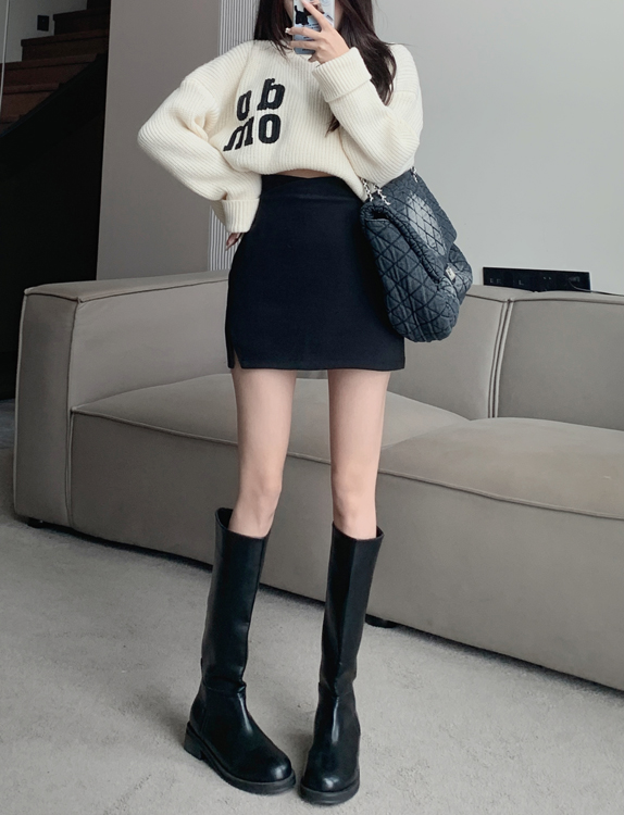 Real shot real price Korean version of high waist woolen slit skirt hot girl bag hip skirt