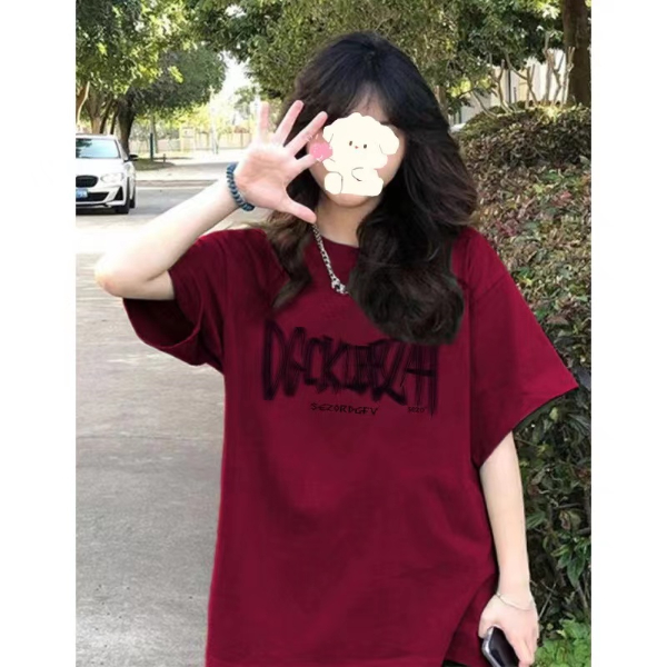 American retro red T-shirt women's short-sleeved summer oversize Hong Kong chic half-sleeved shoulder top