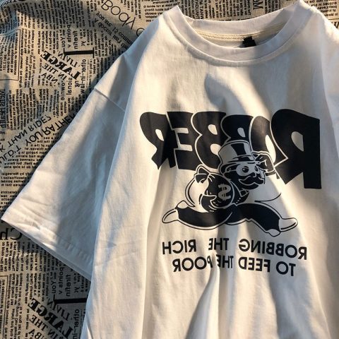 American retro ins short sleeved T-shirt women's summer Korean loose cartoon printed half sleeved couple top