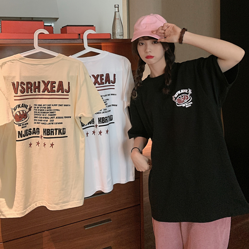 Real shooting of new summer clothes college style cartoon loose printing round neck short sleeve T-shirt women's cotton