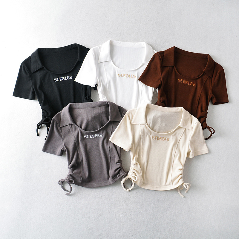 Niche design, creamy and spicy style, two side drawstring short sleeve Lapel T-shirt, new summer female letter embroidered blouse
