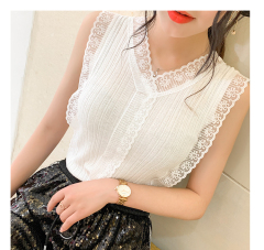 Sweet V-neck hollowed out lace knitted vest for women's Korean version slim fit with sleeveless top and bottomed blouse
