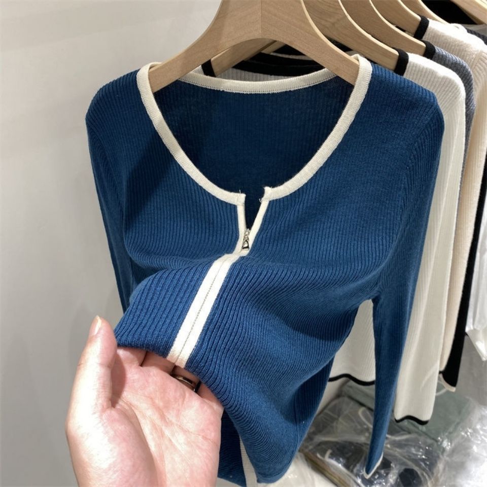 European design double zipper soft waxy long-sleeved knitted cardigan women's 2021 autumn new western style bottoming shirt top