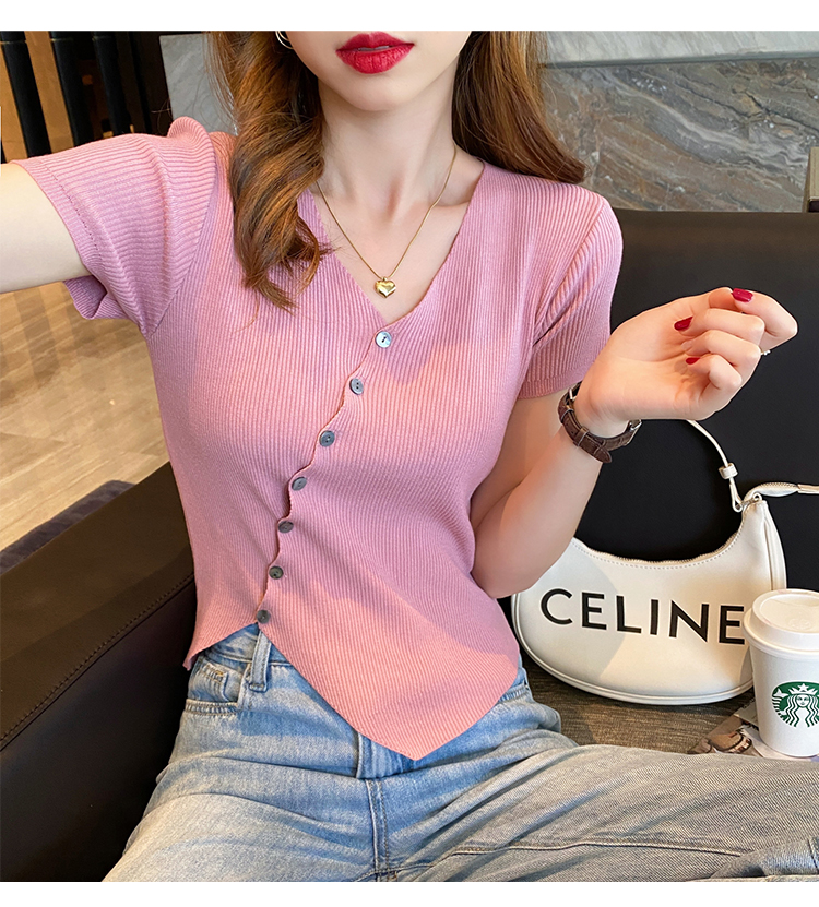 Short sleeve T-shirt women's summer 2022 new ice silk sweater V-neck thin white irregular split short top