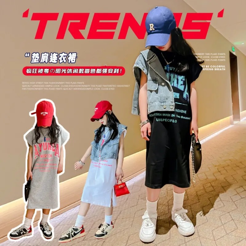 Girls' dress mid-length 2023 summer children's clothing new short-sleeved T-shirt long skirt children's bottoming shirt foreign style