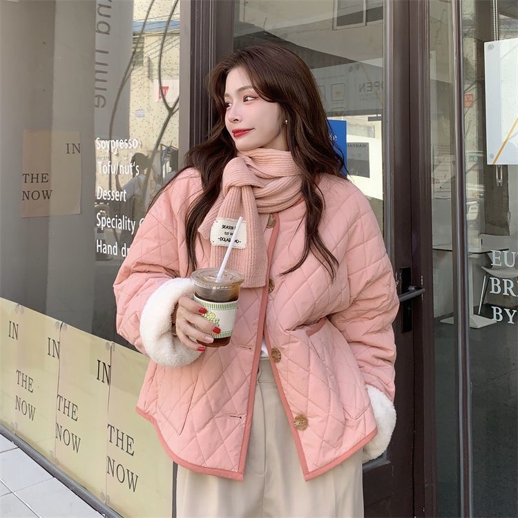 Autumn and winter 2022 pink collarless rhombus soft sheep lamb wool warm long-sleeved rhombus cotton coat women's students