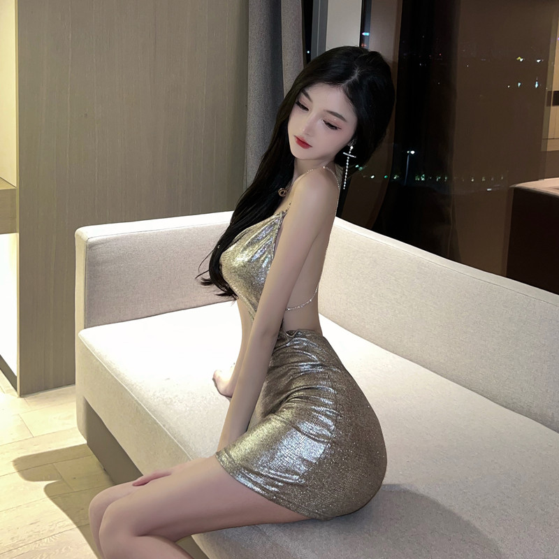 Real shot ~ Silver Large backless sexy slim fit hip wrapped spice girl pure desire dress woman