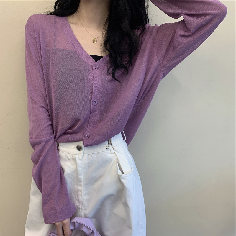 Purple cardigan spring 2020 new long sleeve thin knitwear women wear ice silk sunscreen short top