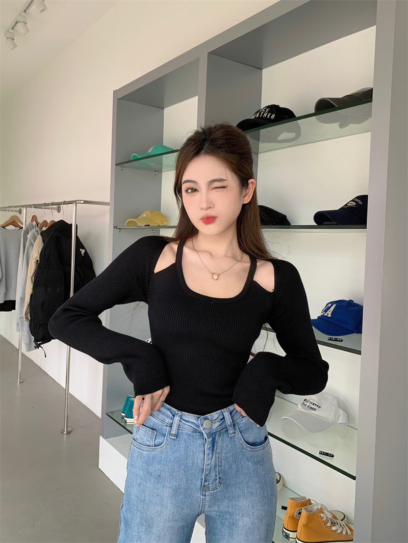 Real shot real price Design sense hollowed out collarbone slim fit all-match solid color long-sleeved knitted bottoming shirt T-shirt top women