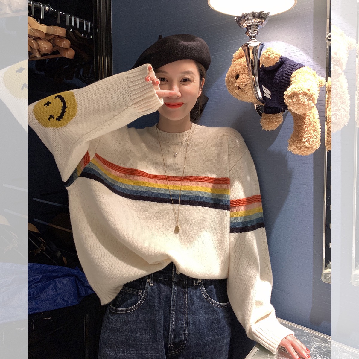8.24 new products first add rainbow smile ghost horse round neck sweater early autumn all-match pullover top