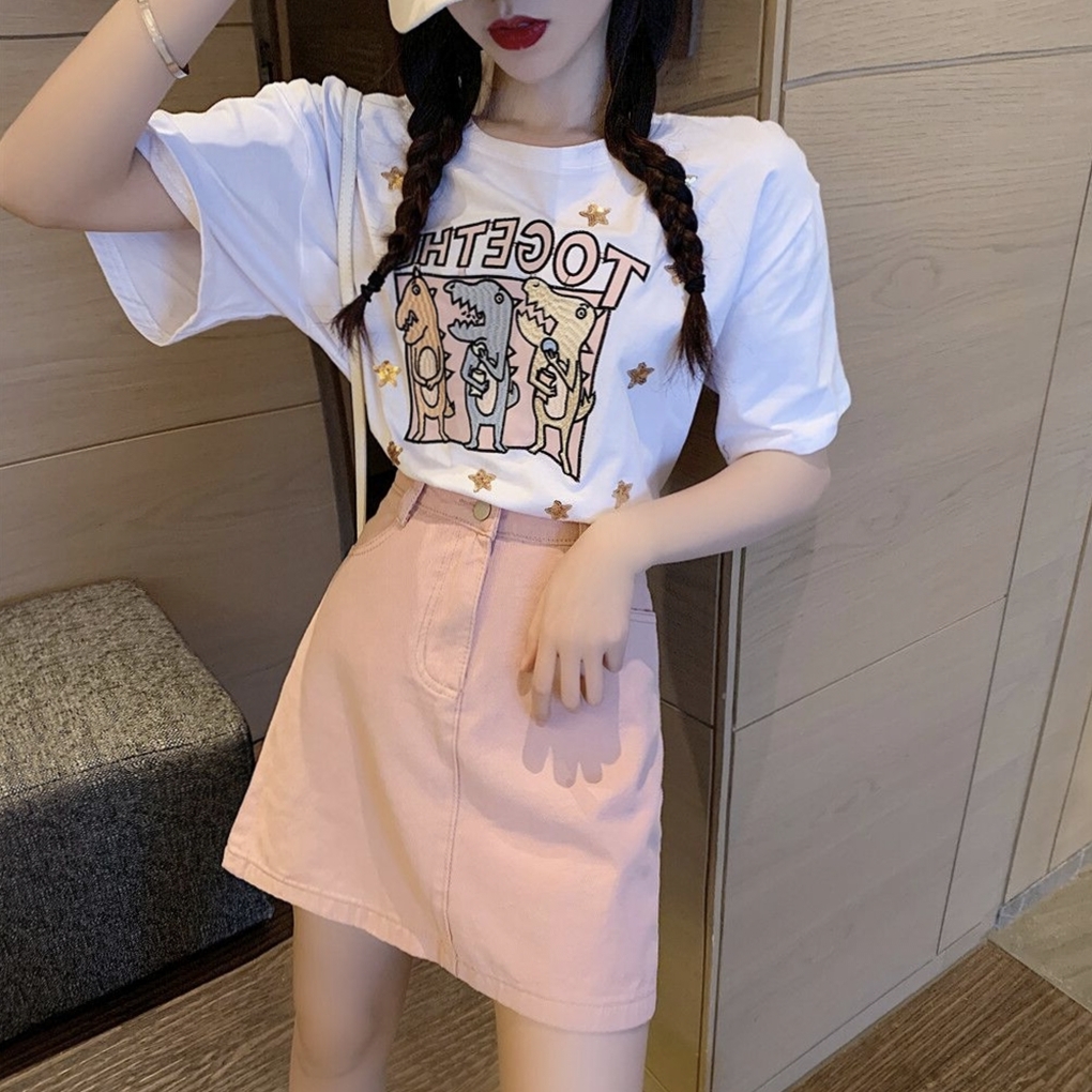 2022 summer pink high waist A-line denim short skirt small thin women's elastic waist skirt thin skirt