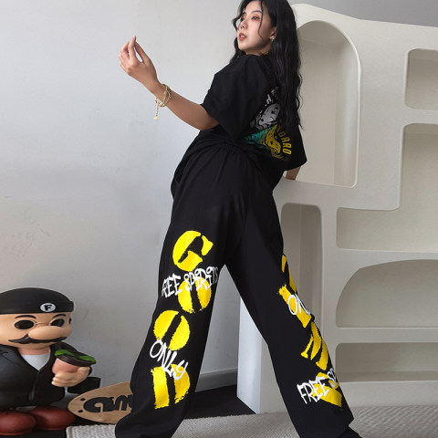 2022 new yellow letter black pants women Joker hip hop hiphop jazz hip hop loose wide leg pants casual