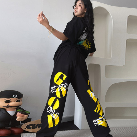 new yellow letter black pants women Joker hip hop hiphop jazz hip hop loose wide leg pants casual
