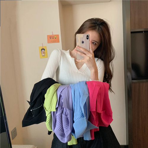 Autumn women's dress design sense candy color slim Polo knitted bottomed shirt women wear thin V-neck top, foreign style