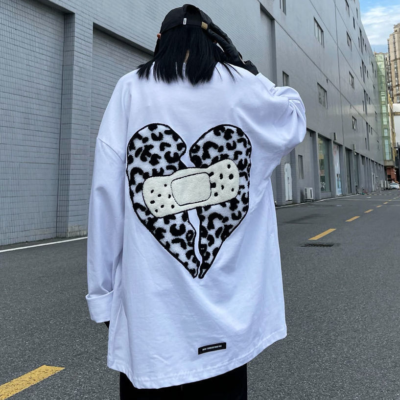 100% cotton national tide design embroidery long-sleeved T-shirt female ins tide American retro oversize top couple