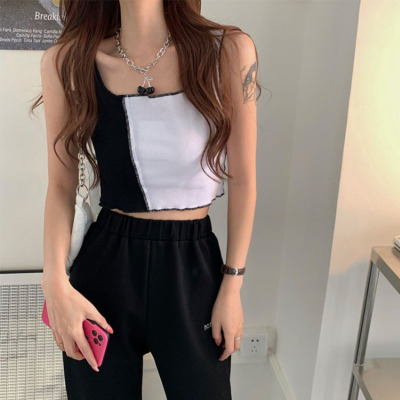 Women's waistcoat in summer with bottom stretch and slim fitting short sling and contrast stitching small sexy sleeveless top