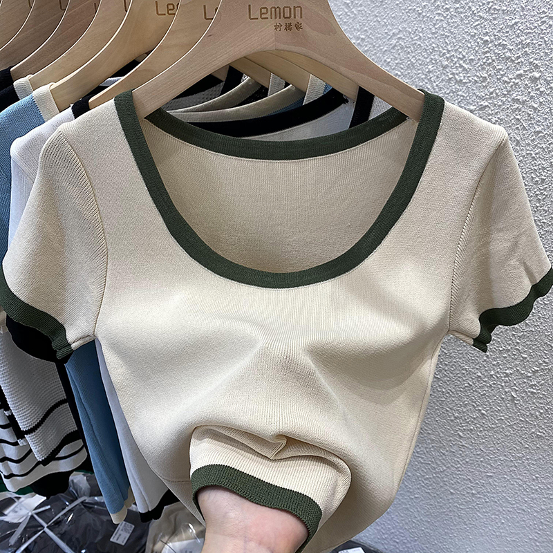 Short sleeved women in early spring with white ice silk T-shirt, new slim, slim, high waist, short bottomed top