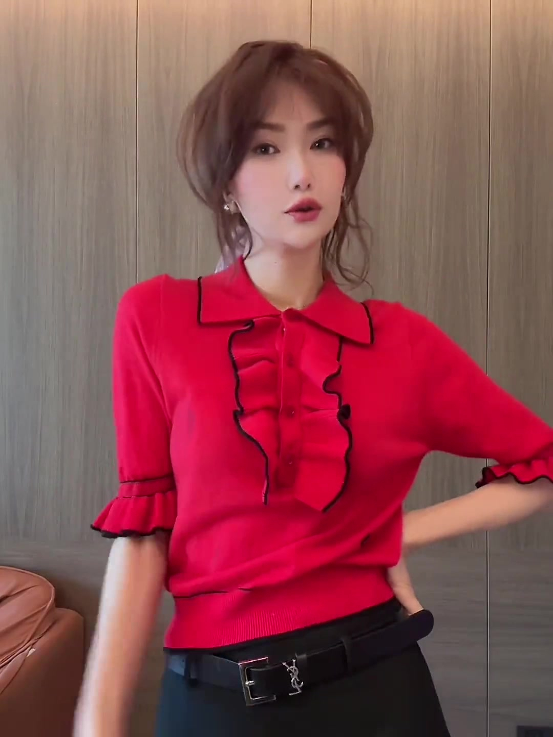 Spring new women's clothing lotus leaf sleeve design sense POLO collar red top high-grade knitted bottoming shirt