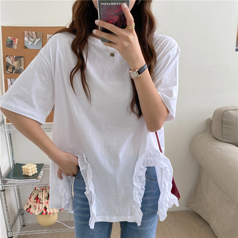 Real shot Fungus three-dimensional lace opening refreshing white loose women's short-sleeved T-shirt