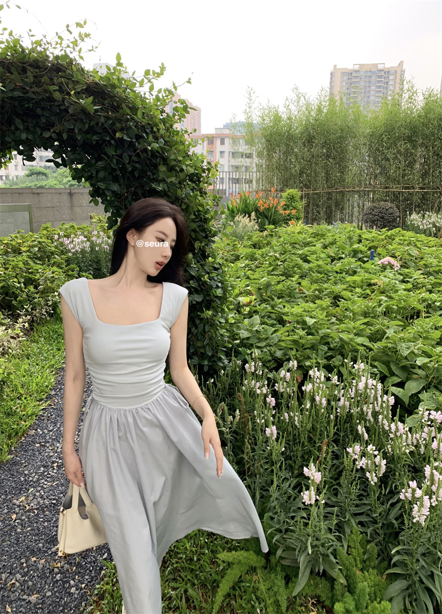 Real shot Minimalist style high waist thin hollow square collar stitching knitted long dress women