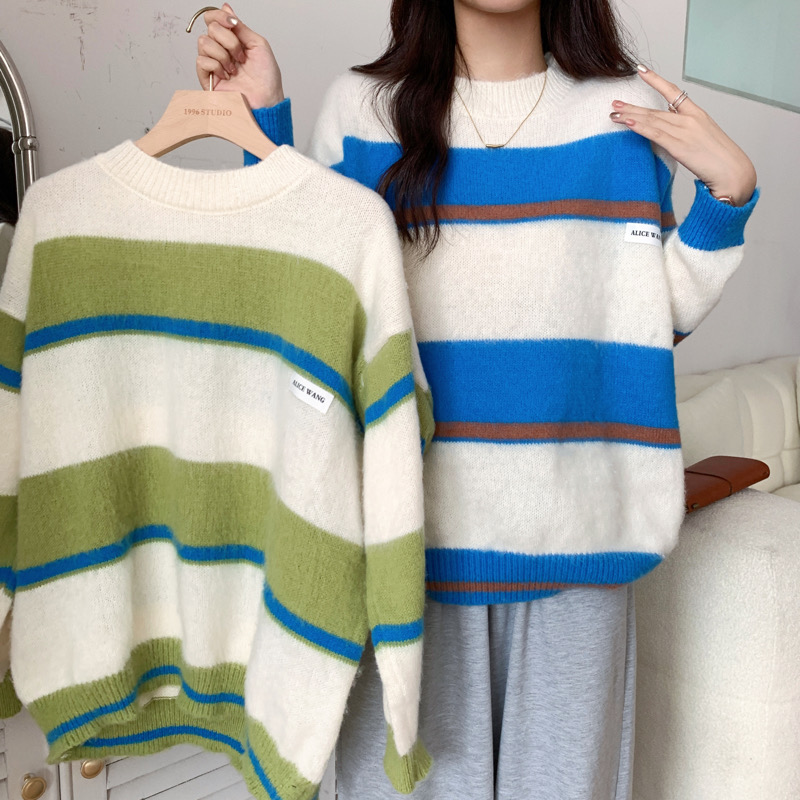 Real price Loose Contrasting Stripe Lazy Pullover Sweater