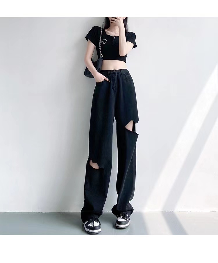 Official figure Summer Black tattered jeans loose port style small man tall Street ruffian handsome fashion retro jeans woman