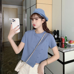 Real shot summer new Korean fashion round neck solid color versatile short sleeve blouse