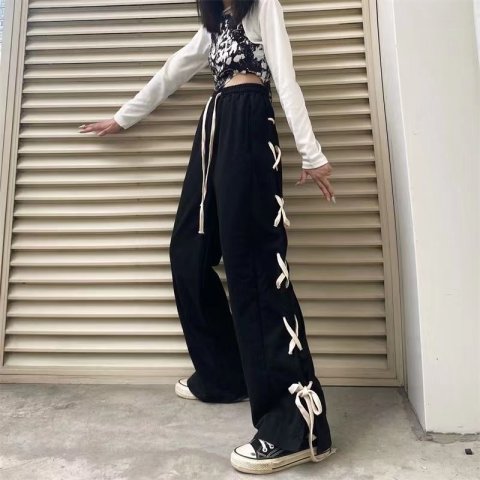 American retro hiphop street pants for women high street ins versatile trendy strappy wide leg pants straight casual sports pants