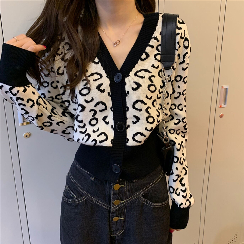 Real price leopard cardigan sweater women's short early autumn loose wear foreign style V-neck top knitted jacket