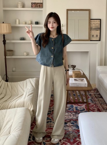 Actual shot and real price ~ New style small flying sleeve denim short-sleeved design top + wide-leg suit pants two-piece set