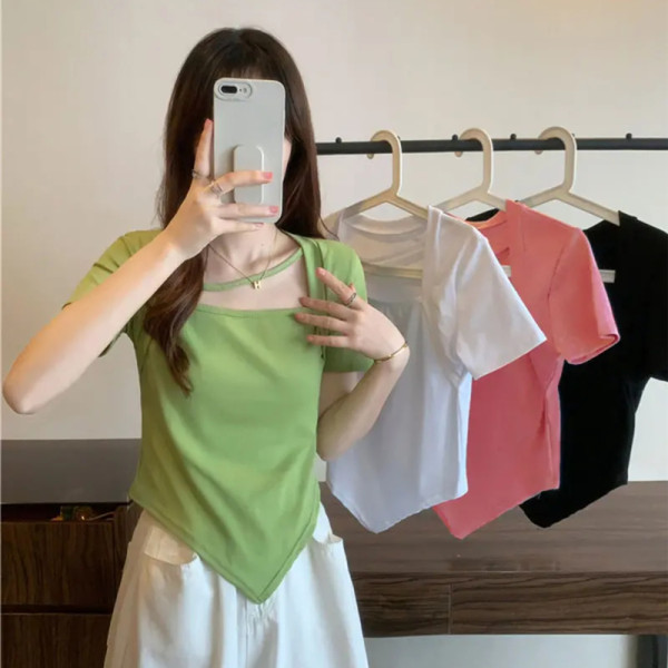 Official figure 6535 cotton design sense of minority irregular slim fitting short sleeve T-shirt women summer 2022