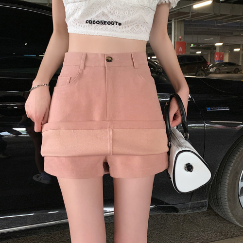 Real shot real price pink short skirt women's new summer high waist A-line skirt light proof black hip wrap skirt pants