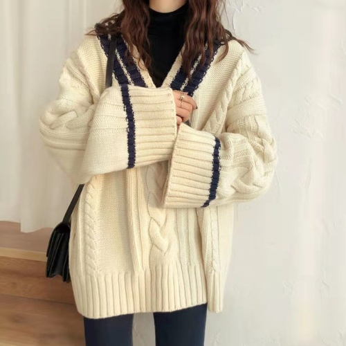 Color blocked thickened V-Neck Sweater female student autumn winter college Korean loose and versatile retro twist knitted coat