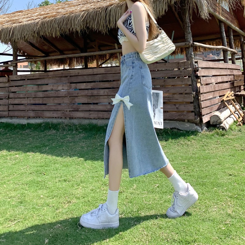 Real shooting high waist split denim skirt women's new summer skirt design sense of niche thin medium length skirt