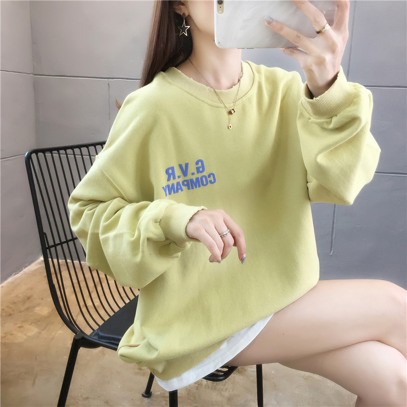 Real shot women's loose style Korean version of spring and autumn thin 2020 new fashion fake two piece foam printed student top fashion