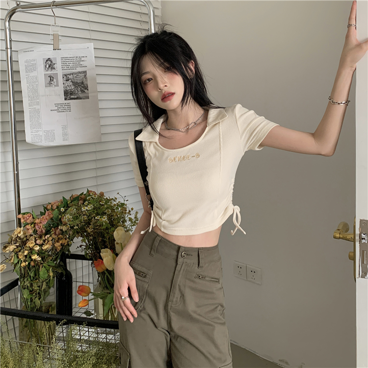 Summer design sense of niche drawstring short open navel top new print Spice Girl slim Lapel short sleeve T-shirt women