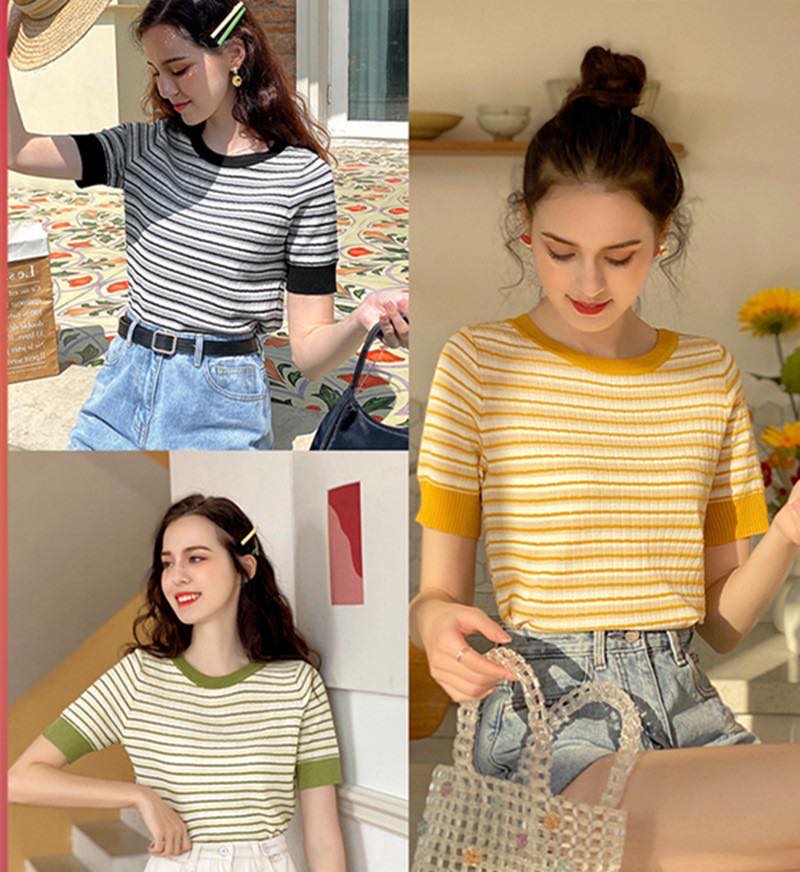 Little elephant short sleeve women's new summer stripe knitting round neck thin T-shirt short foreign style top fashion