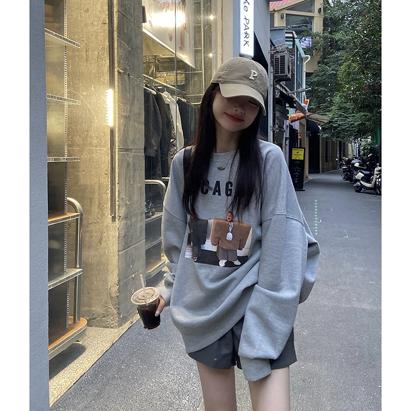 310g imitation cotton interwoven fabric can't pill, winter thickened and fleece sweater women's round neck print, back bag strip