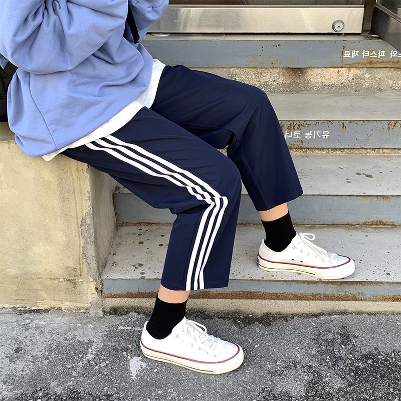 Official stripe thin nine point pants women's spring and summer women's pants straight pants loose wide leg sportswear casual pants
