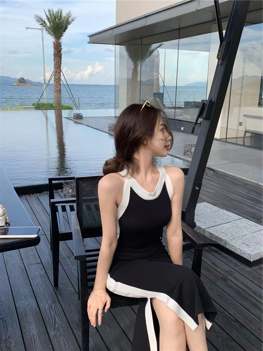 French design niche slit sexy suspender dress 2023 summer new style waist slimming sleeveless skirt