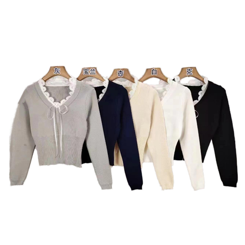 Belted bow long-sleeve T-shirt pure desire style spicy girl knit sweater women 2024 faux two-piece lace collar French-style sweater