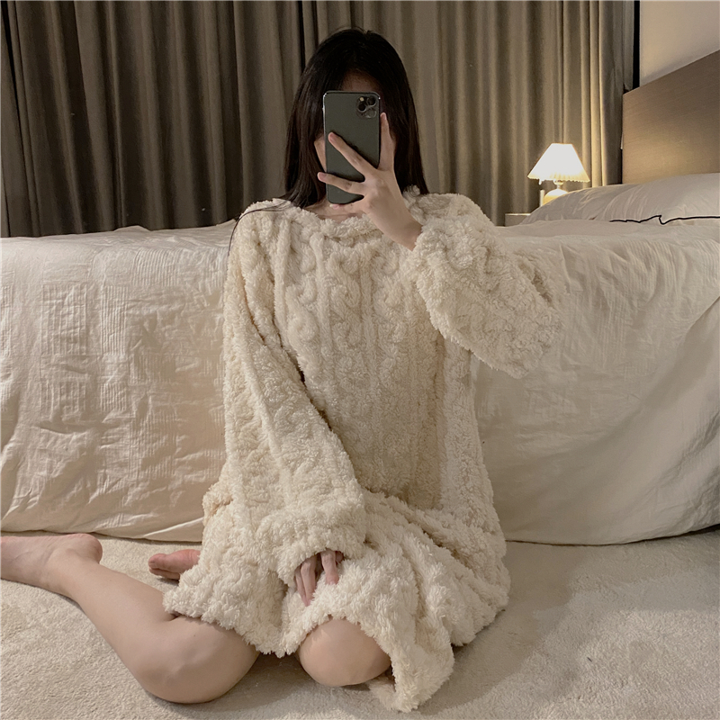 Real shot coral velvet nightdress autumn and winter plus velvet thickening net red sweet pajama skirt long can be worn outside